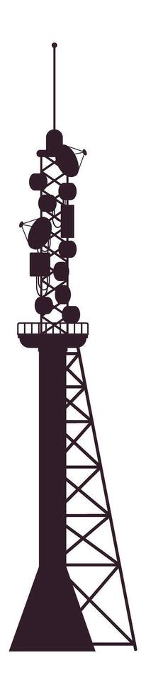 Silhouette of a telecommunication tower with multiple antennas and satellite dishes is broadcasting a signal, ensuring seamless connectivity and data transmission vector