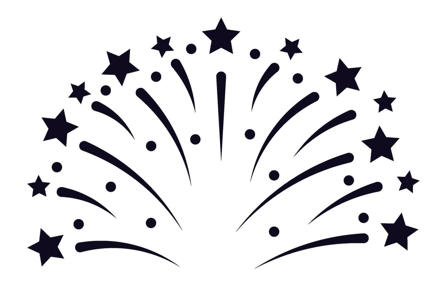 Festive fireworks exploding in a burst of black trails and stars against a clean white background, creating a celebratory and vibrant atmosphere vector