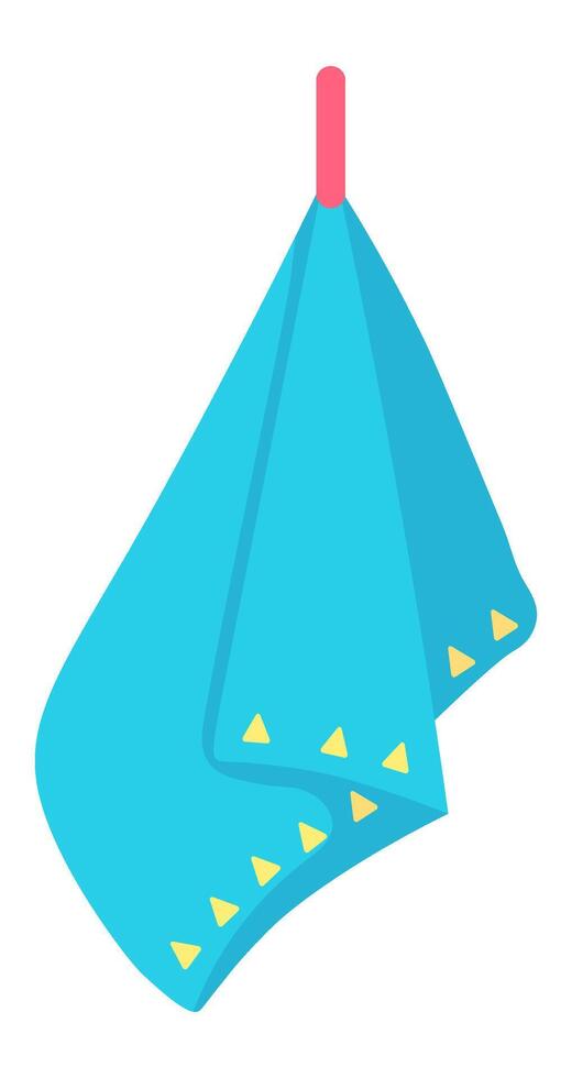Clean light blue dishcloth hanging on a pink hook with a yellow triangle decoration represents cleanliness, household chores, and kitchen organization vector