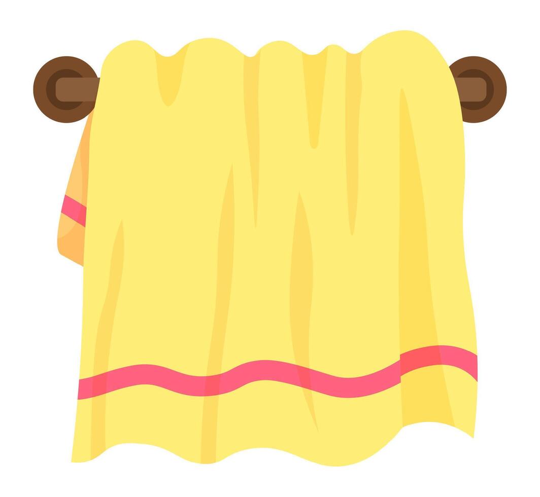 Soft yellow towel with pink stripes hanging on wooden rack, creating a cozy and welcoming atmosphere in bathroom, ready for use after shower or bath vector