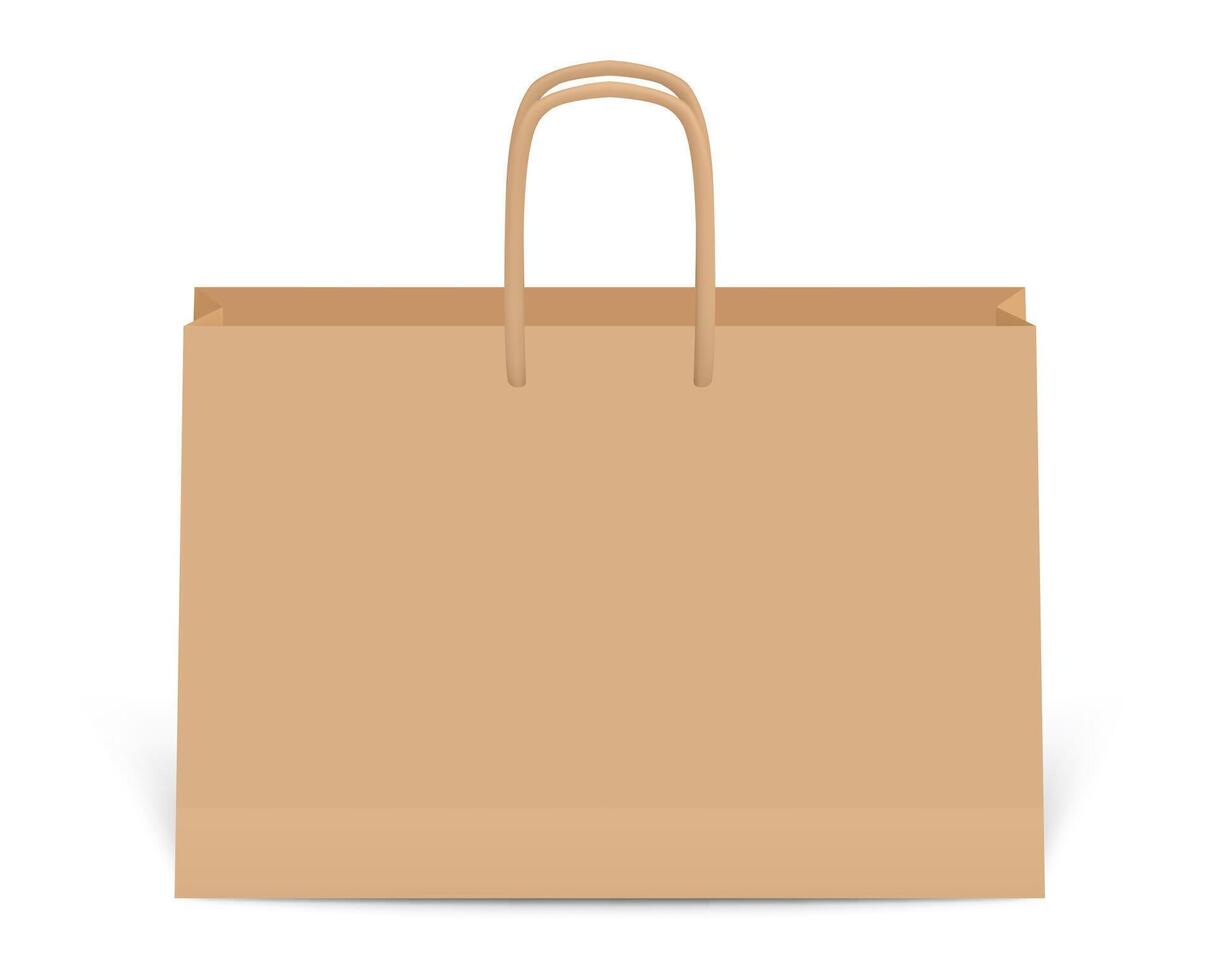 Realistic brown paper shopping bag with handles standing on a white background, representing retail, consumerism, and eco friendly packaging vector