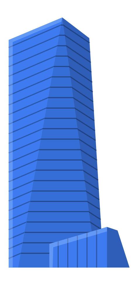 Contemporary blue skyscraper stands tall against a white backdrop, its sleek design accentuated by an adjacent, smaller structure, creating a powerful symbol of urban architecture vector