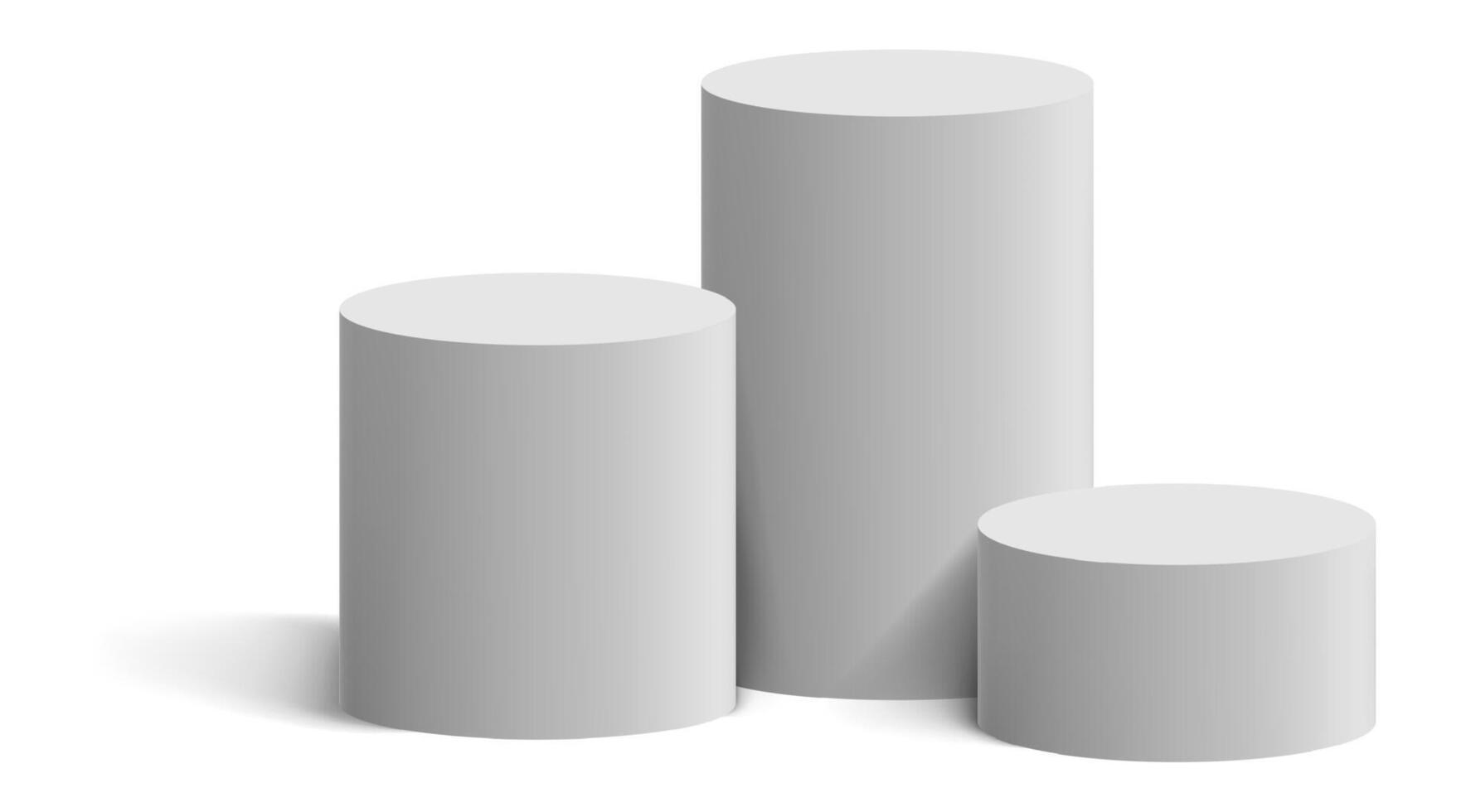 Three white cylindrical podiums of different heights casting shadows are arranged on a white background, creating a winners' stand for a competition or award ceremony vector