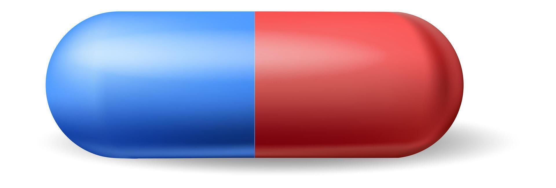 Red and blue capsule lying on a white surface and casting a shadow, representing medical treatment, healthcare, and pharmaceutical industry vector