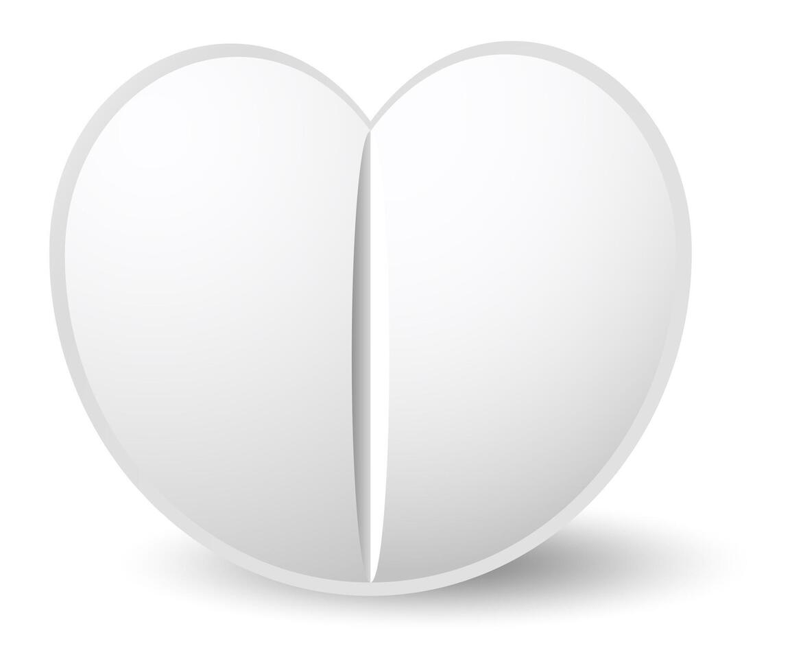 Heart shaped pill splitting in two symmetrical halves casting a shadow on white background, representing concepts such as love, health, medicine, and healthcare vector