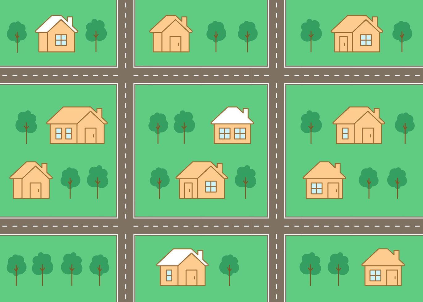 Map of city, village, childish seamless pattern with street, house, road. Neighborhood. Street building on city scape, top view. Kids background, play mat for children. flat illustration vector