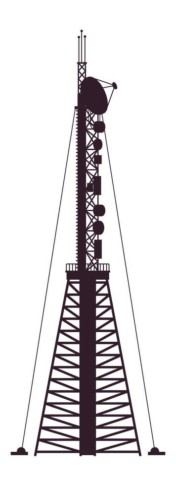 Silhouette of telecommunication tower with satellite dish and antennas is standing tall against white background, representing communication technology and signal transmission vector
