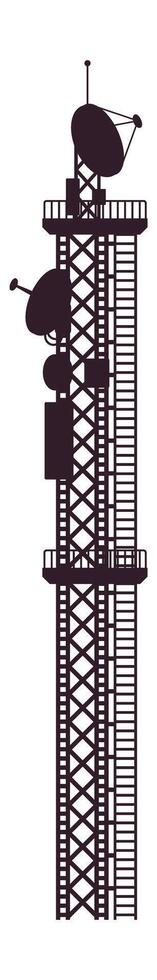 Silhouette of a telecommunication tower with multiple satellite dishes and antennas transmitting data wirelessly, ensuring seamless communication and connectivity vector