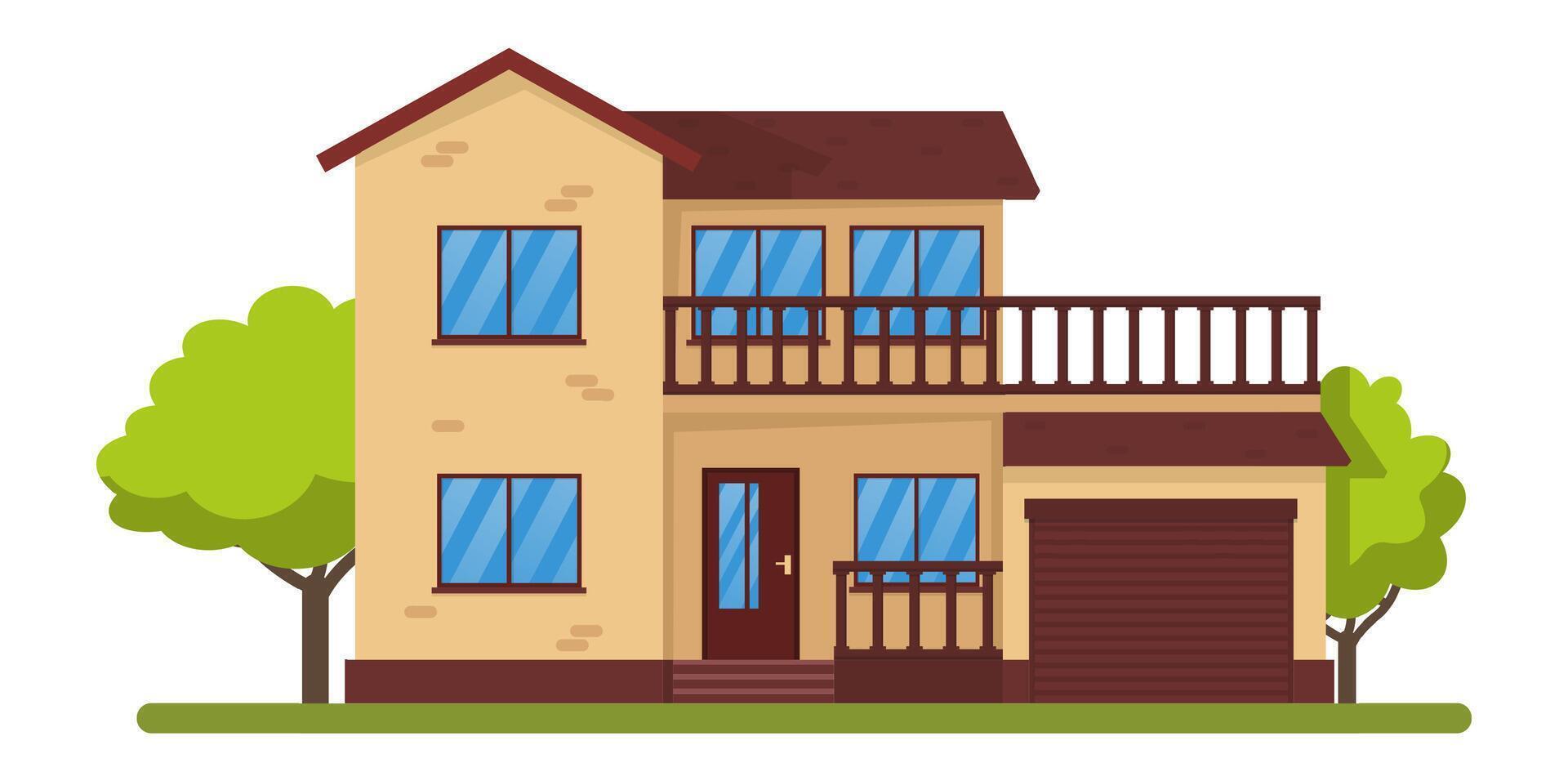 Cozy two story house featuring a charming balcony and a spacious garage, nestled among lush green trees, creating an idyllic suburban environment perfect for family living vector