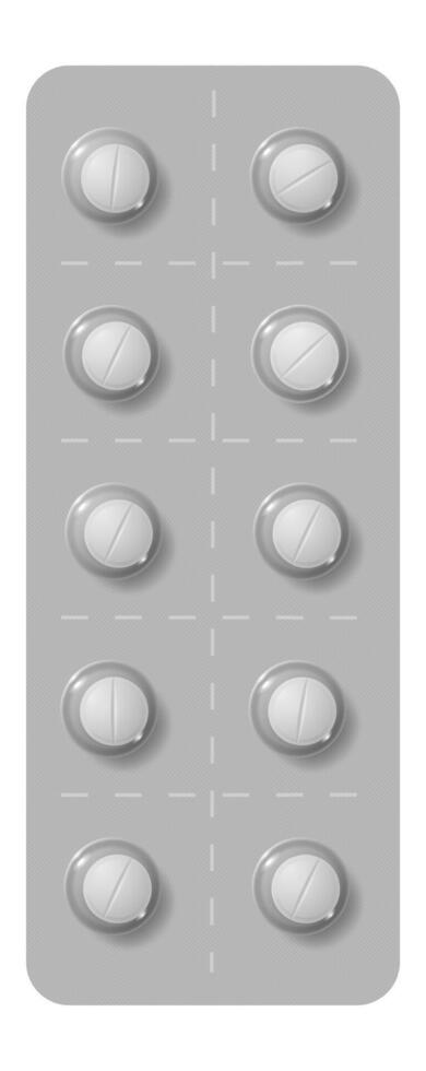 Blister pack containing ten round white pills arranged in two rows of five, encased in a sealed gray plastic packaging, designed for individual dispensing and safe storage of medication vector