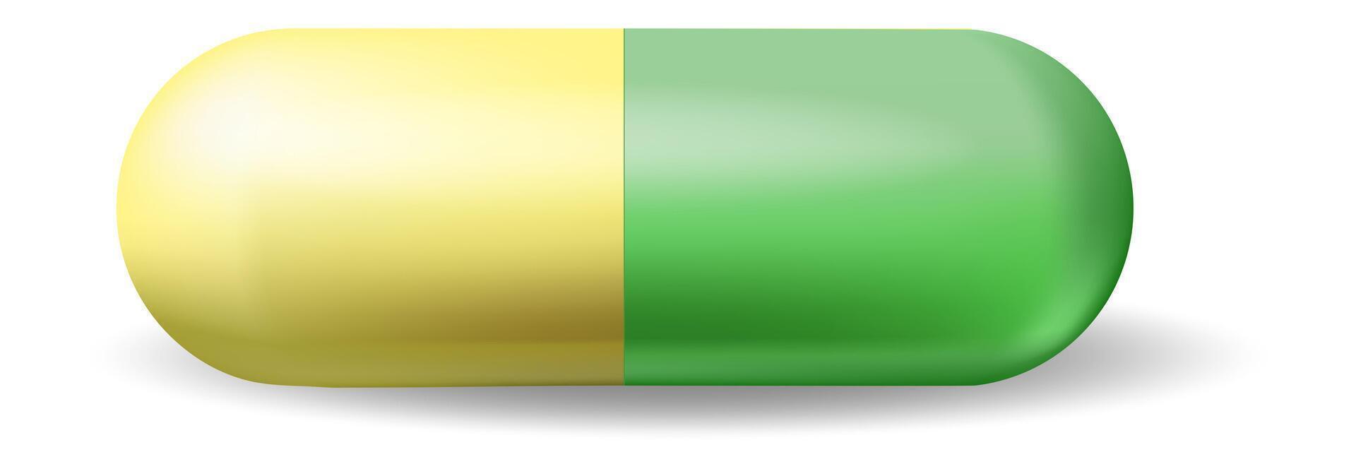 Yellow and green medical capsule casting a shadow on a white background, symbolizing healthcare, pharmaceuticals, and effective treatment options for various health conditions vector