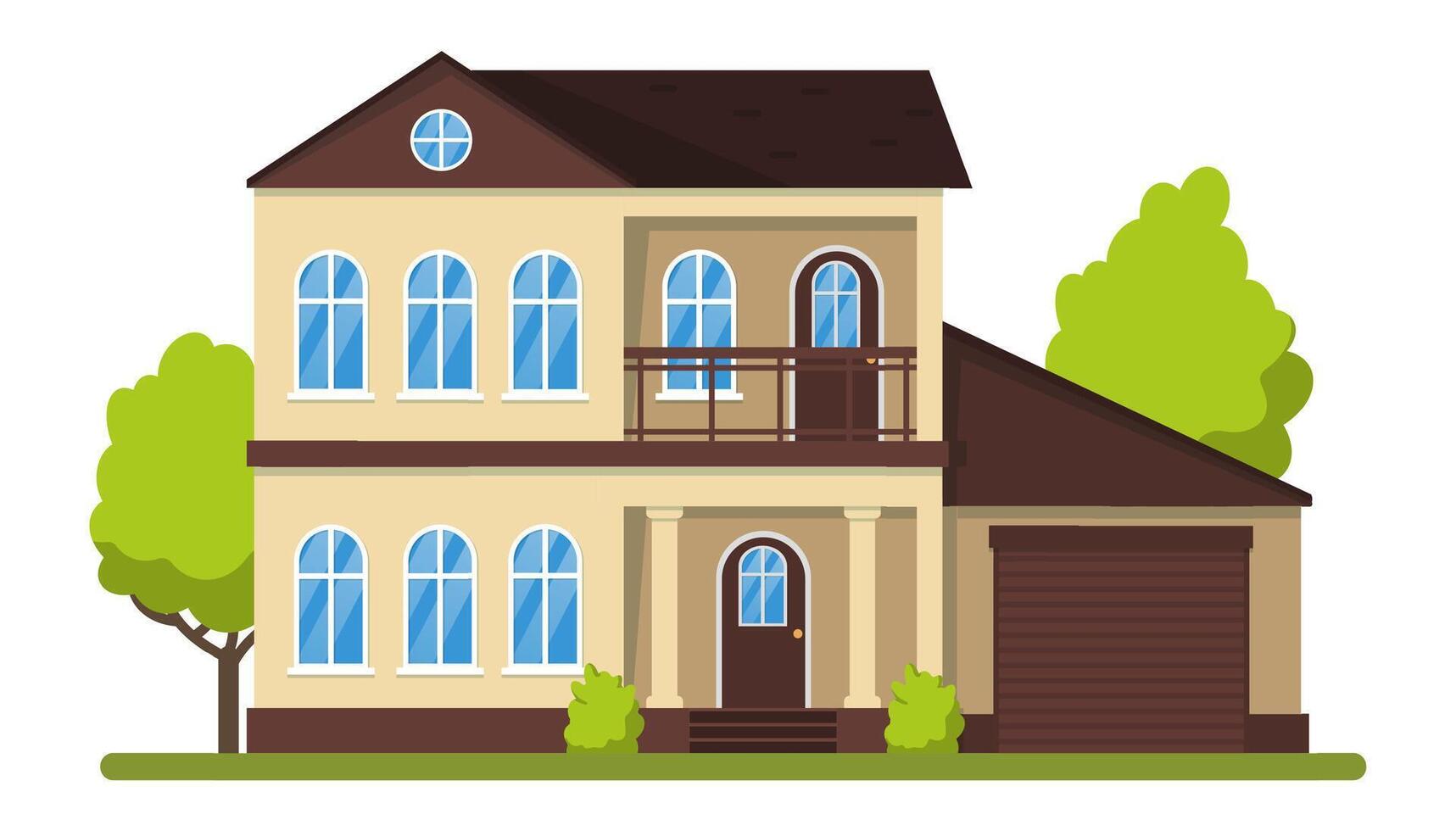 Large beige two story house featuring a brown roof, balcony, and garage, surrounded by lush trees, embodies the dream of homeownership in a welcoming suburban neighborhood vector