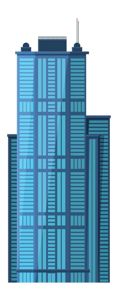 Modern skyscraper with blue glass facade rising in urban business center, symbolizing economic growth and development in a contemporary cityscape vector