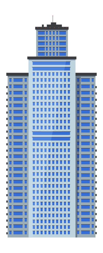 Modern skyscraper dominating the urban skyline with a striking blue glass facade and intricate architectural details, symbolizing progress and innovation in a bustling city vector
