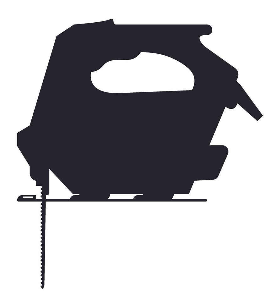 Black silhouette icon depicting a jigsaw cutting through a wood plank, symbolizing carpentry, DIY projects, woodworking, and home renovation activities vector