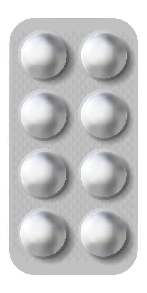 Silver pills blister pack showing round medicine capsules, creating a healthcare and medical treatment concept with a focus on pharmaceuticals and drug administration vector