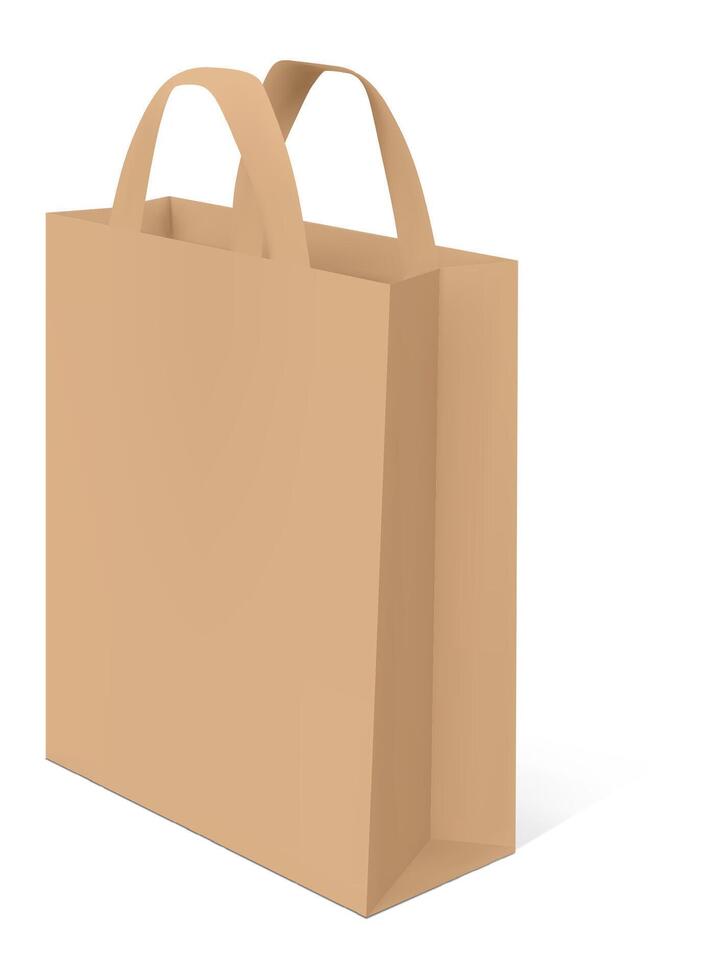 Realistic brown paper shopping bag standing on a white background, casting a subtle shadow, suggesting eco friendly packaging and retail concepts vector