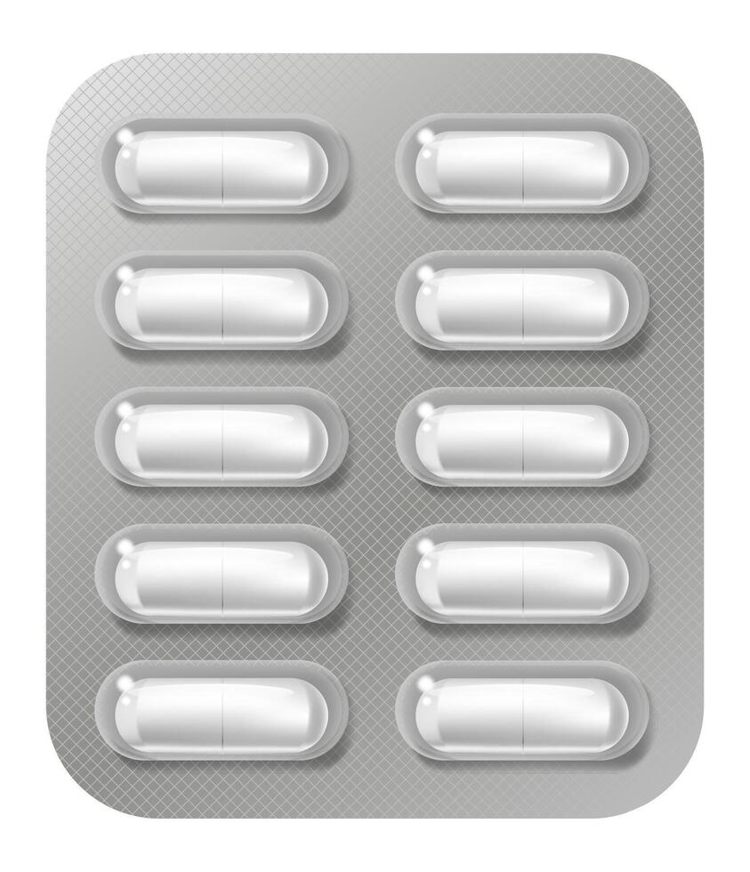 Blister pack containing ten white capsule shaped pills, lying on a gray background with a checkered pattern, provides a sterile and organized presentation of medication vector