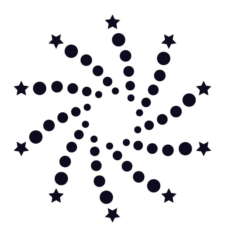 Circular geometric pattern creating an abstract star shape with dots and small stars, representing concepts like connection, network, and celebration vector
