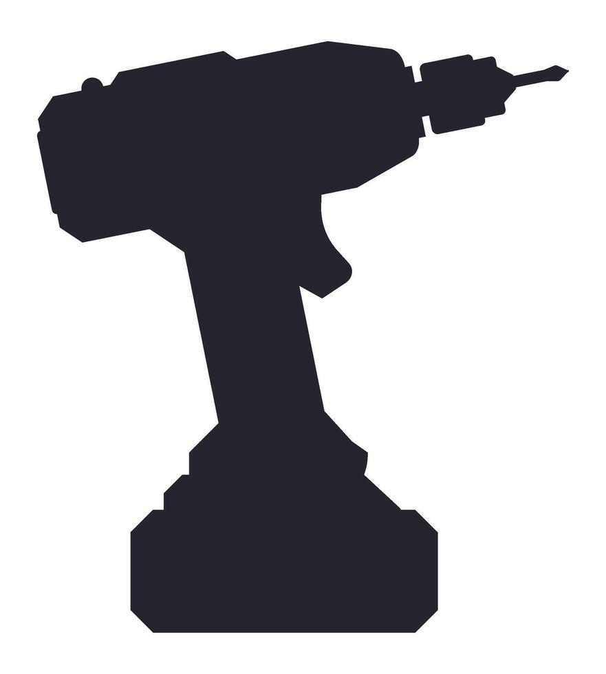 Silhouette of a cordless drill with drill bit pointing to the right, isolated on a white background, representing construction, repair, and DIY projects vector