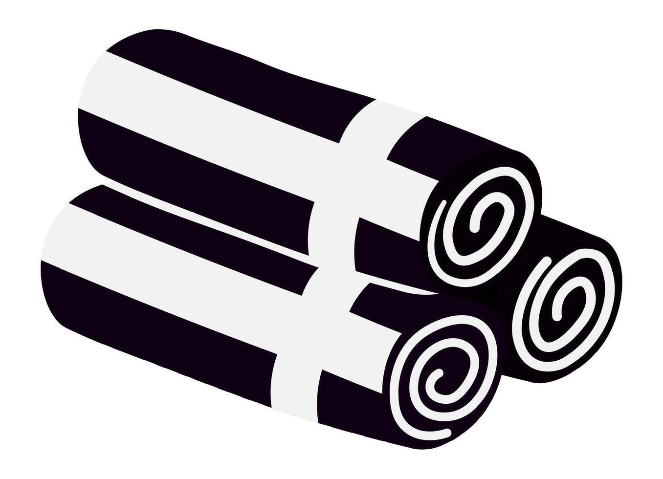 Two rolled beach towels featuring stylish black and white stripes are stacked together, radiating summer vibes and inviting relaxation by the pool or seaside vector