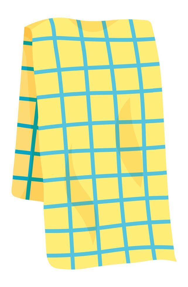 Yellow checkered picnic blanket hanging and waving in the wind, with blue stripes forming squares, perfect for a summer picnic or outdoor dining experience vector