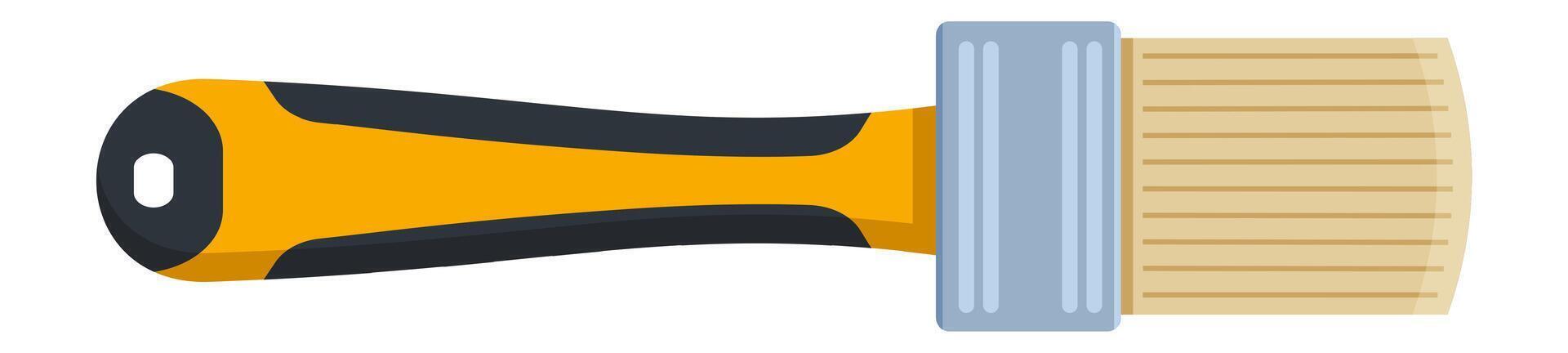 New paint brush with yellow and black ergonomic handle and light brown bristles, ideal for painting walls and home decor, isolated on white background vector