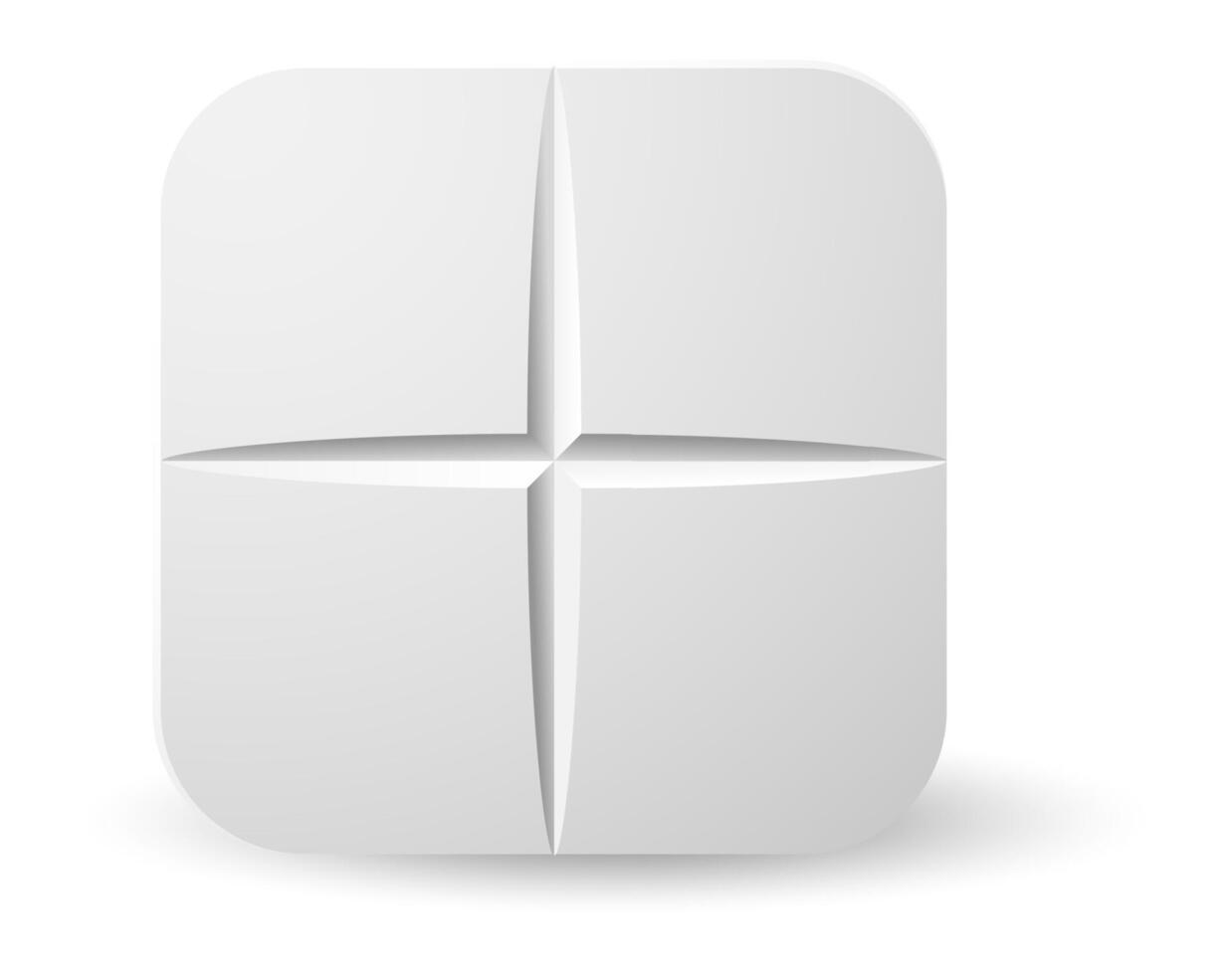 White rounded square divided into four parts forming a cross shape casting a subtle shadow on a clean white background, suggesting concepts of division, intersection, or modularity vector