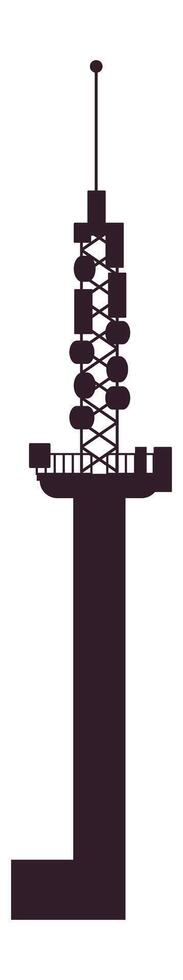 Silhouette of a telecommunication tower transmitting data wirelessly over long distances, featuring antennas, dishes, and support structures against a clean background vector