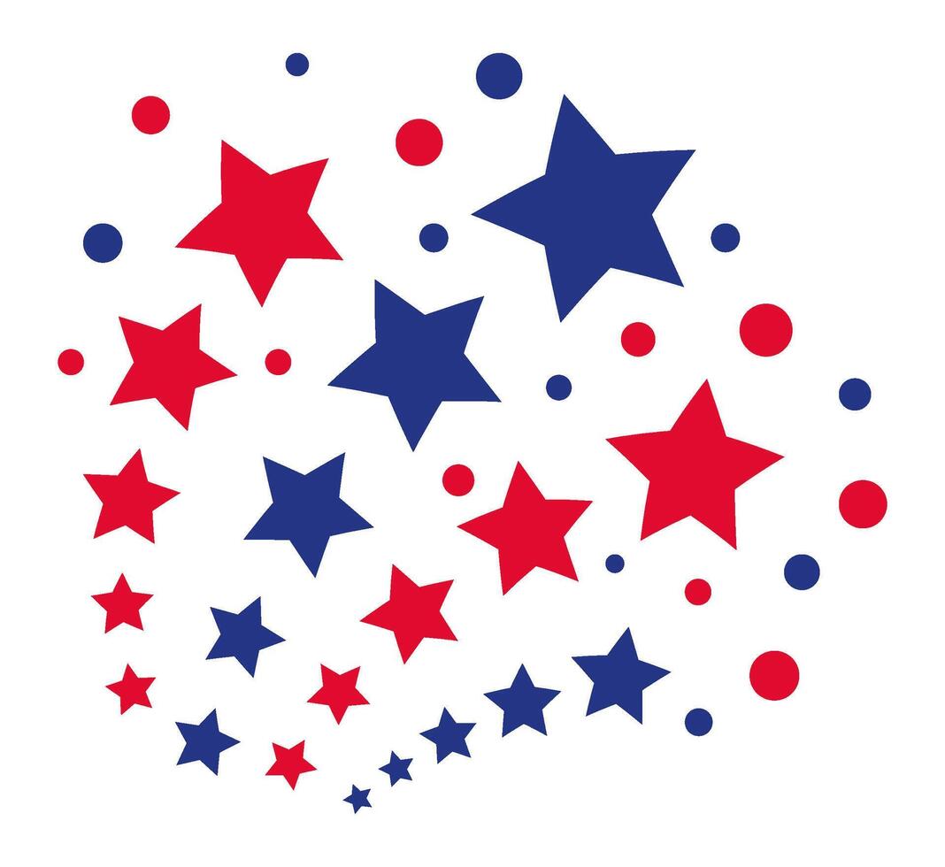 Red and blue five pointed stars of various sizes combined with red and blue dots of various sizes are rotating, creating a spiral shape on a clean white background vector
