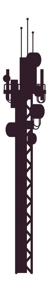 Silhouette of a telecommunication tower with various antennas and satellite dishes, symbolizing data transmission and network connectivity in a simple yet effective visual representation vector
