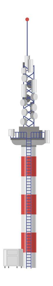 Telecommunication tower transmitting signals, equipped with antennas, a control unit, and a ladder, provides seamless connectivity for modern communication networks and technology vector