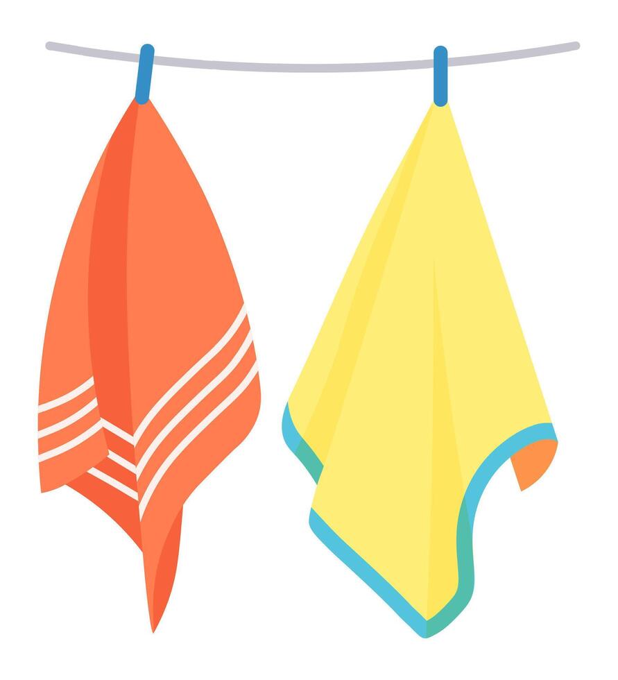 Two vibrant towels hanging on a clothesline, drying in the sun after washing, capturing the essence of household chores and the freshness of clean laundry vector