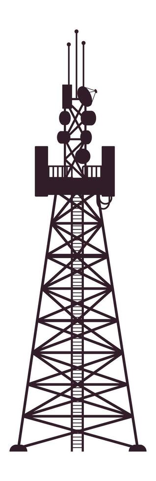 Silhouette of a telecommunication tower featuring various antennas, satellite dishes, and a platform, emphasizing its role in broadcasting and communication infrastructure vector