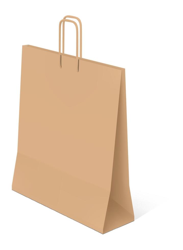 Realistic brown paper shopping bag standing on white background, casting a subtle shadow, ready for purchases, symbolizing consumerism, retail, and eco friendly packaging vector