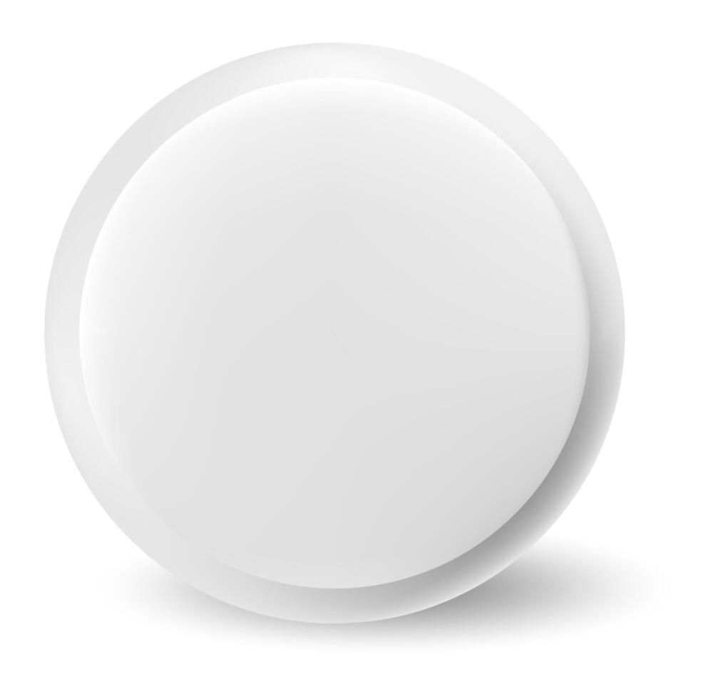 White blank round button or badge casting a soft shadow on a clean white background, providing ample space for adding icons or text, perfect for various design applications vector