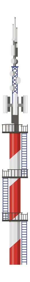 Red and white telecommunication tower with multiple antennas and satellite dishes, ensuring seamless connectivity and broadcasting signals across vast distances vector