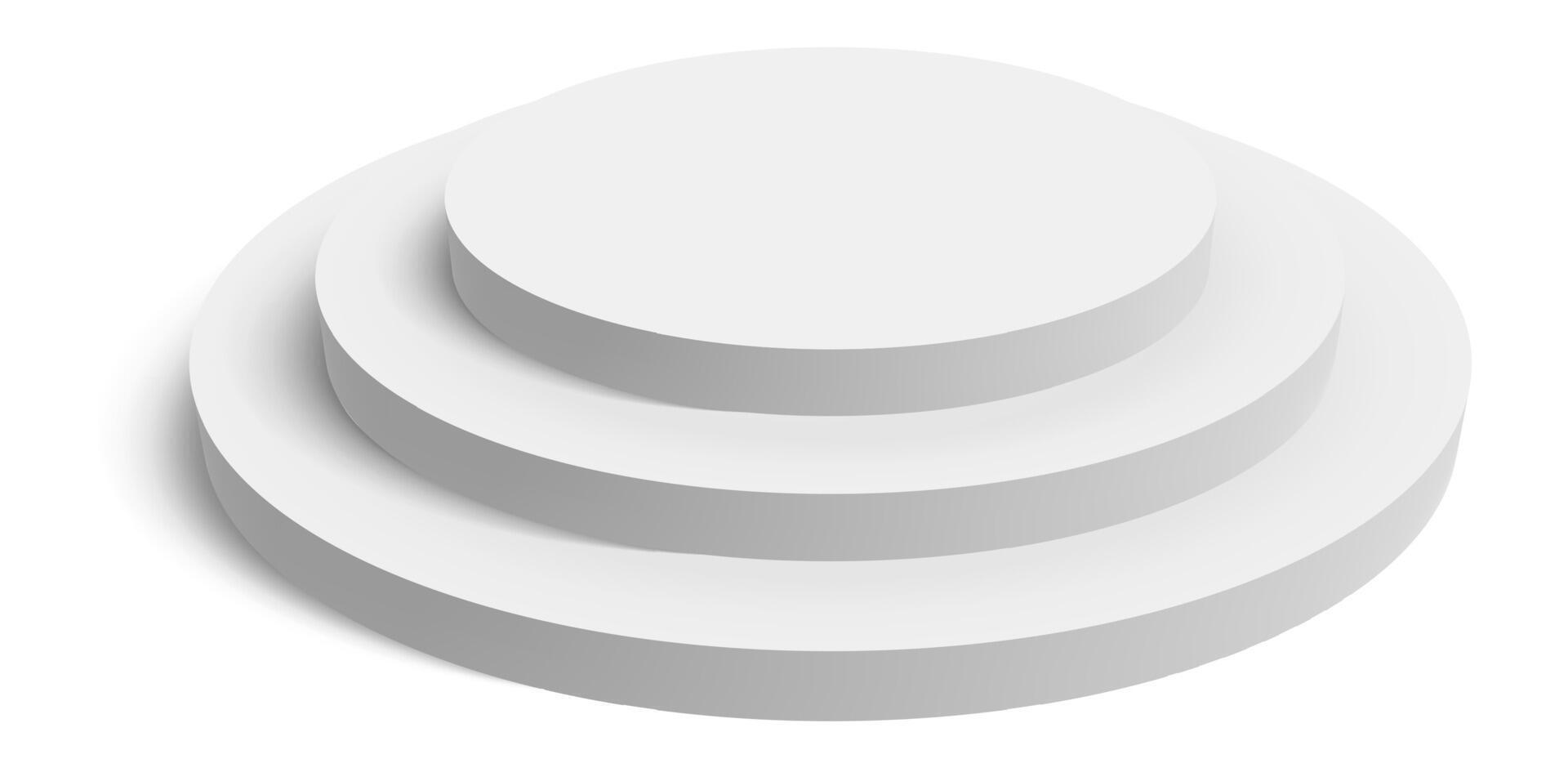 Three level round white podium creating an elegant pedestal, casting soft shadows on a bright white background, ideal for displaying products or celebrating achievements vector