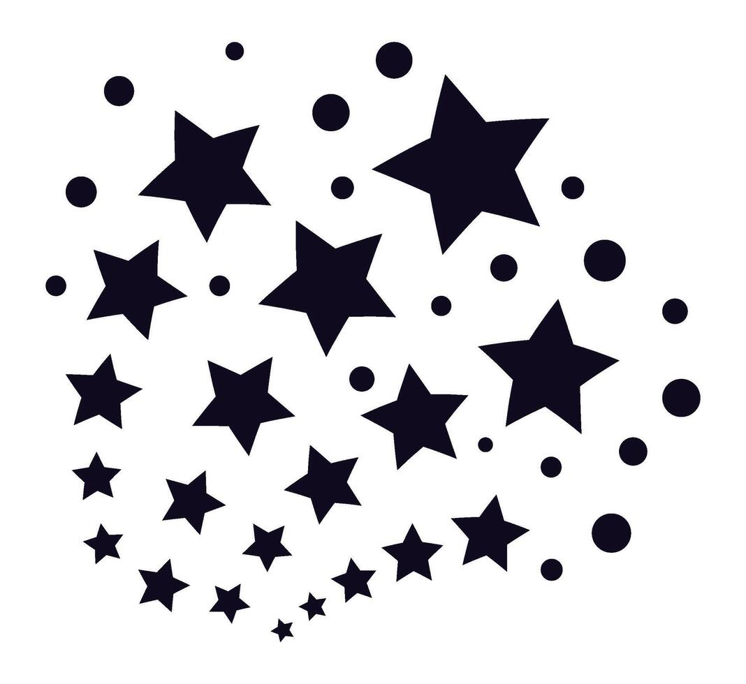 Black stars and dots arranged in a swirling vortex pattern on a white background, creating a dynamic and visually appealing abstract composition vector