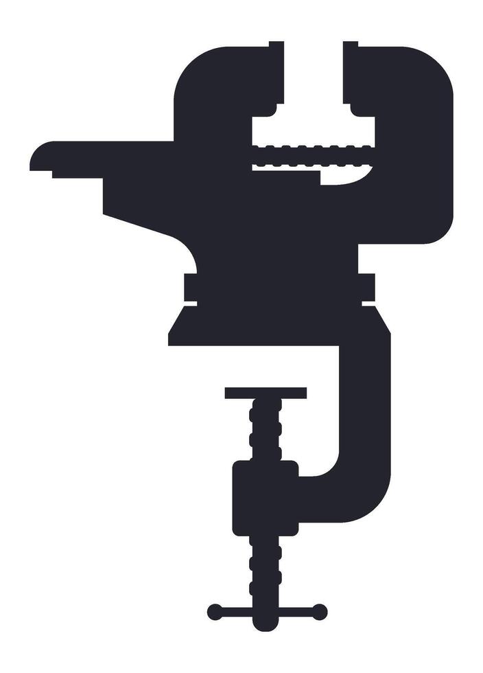 Simple, solid black silhouette icon of a bench vise clamping a metal rod, isolated on a white background, representing craftsmanship, metalworking, and the tools of a mechanic or handyman vector