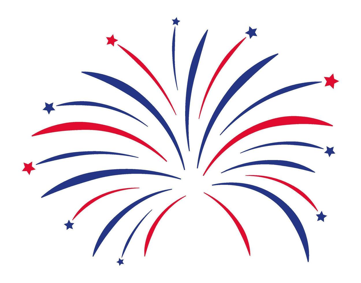 Red and blue firework trails exploding with small stars on white background celebrating United States national holidays like Independence Day or Memorial Day vector
