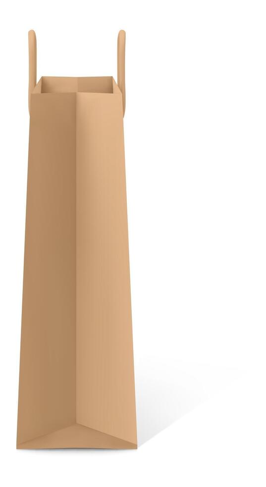 Simple brown paper shopping bag standing upright casting shadow on white background, representing retail, consumerism, and eco friendly packaging vector