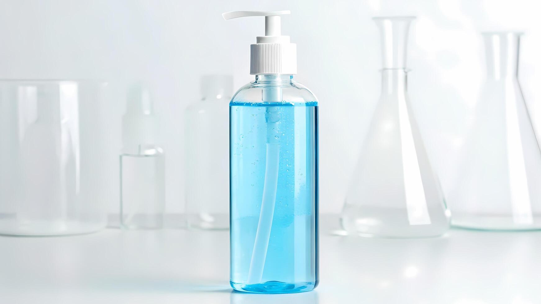 Dispenser Bottle with Blue Liquid and Lab Glassware photo