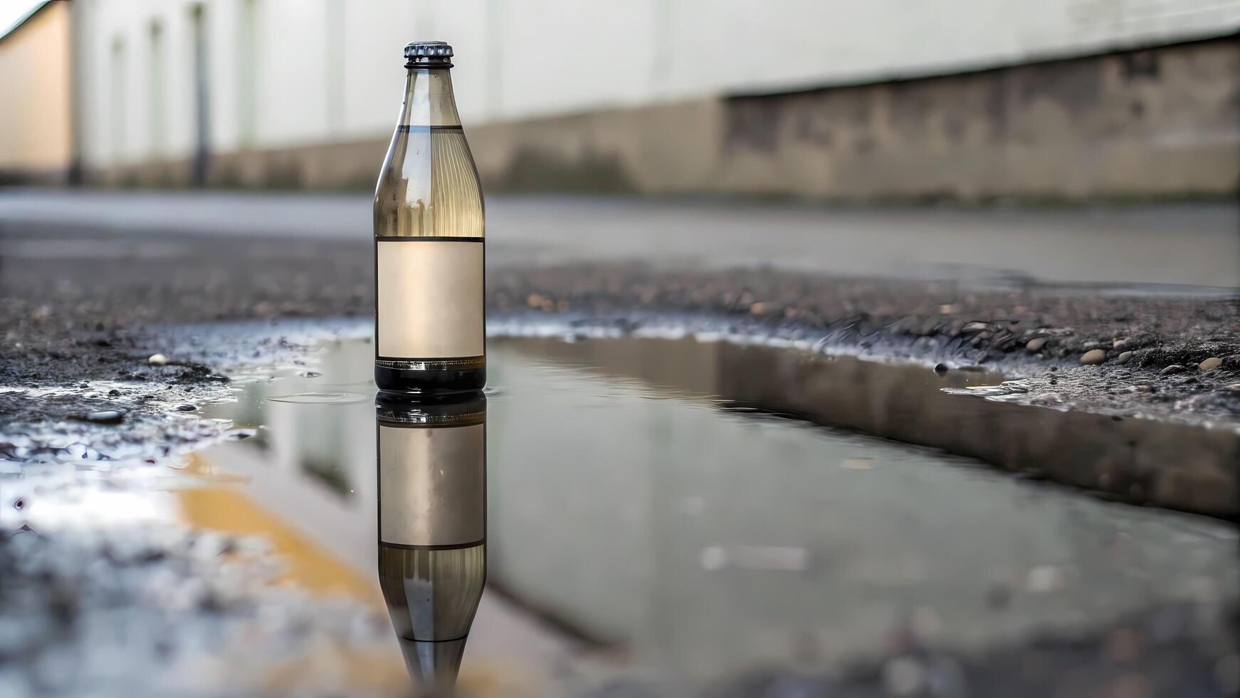 Water Bottle Reflecting in Puddle on Street Ground Level Shot photo
