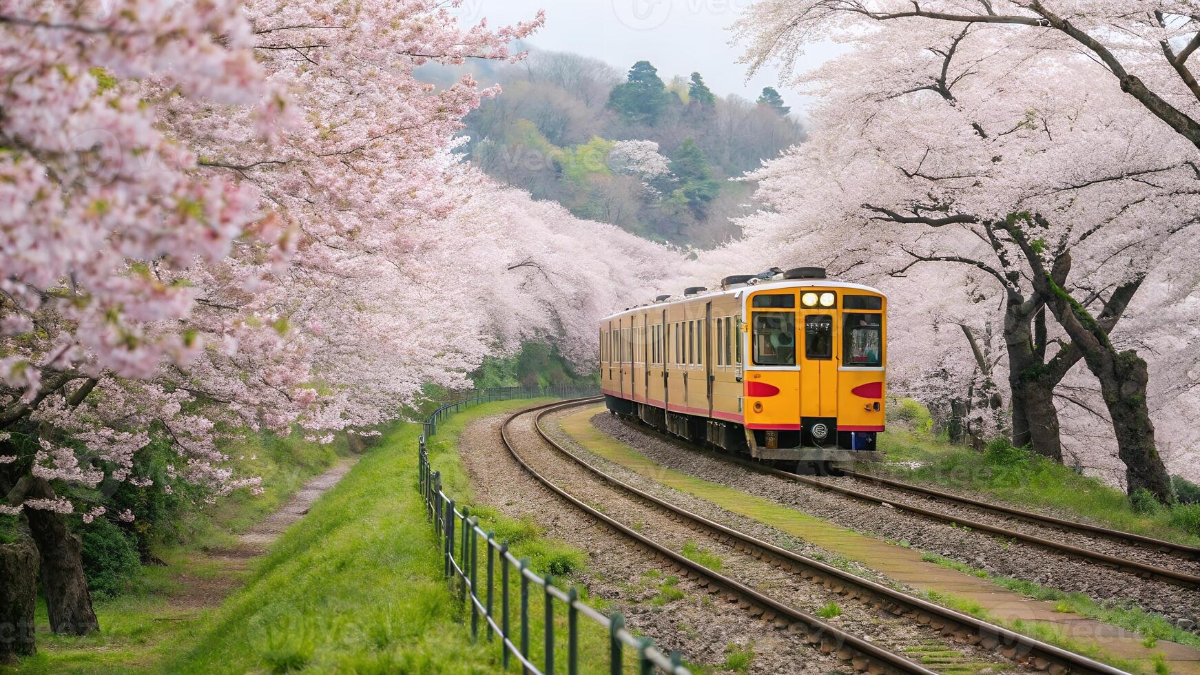 Train Moving Through Blossoming Cherry Trees on Railway photo
