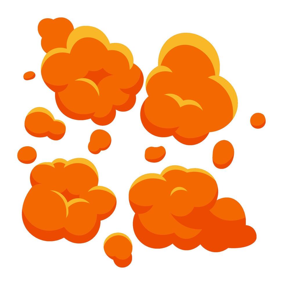 Cartoon explosion clouds bursting with vibrant orange hues and bold yellow outlines create dynamic effects perfect for comics or games, enhancing visual storytelling and excitement vector