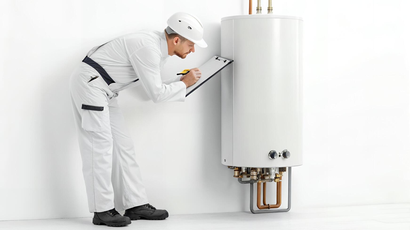 Man Inspecting Water Heater with Clipboard in Home Interior photo