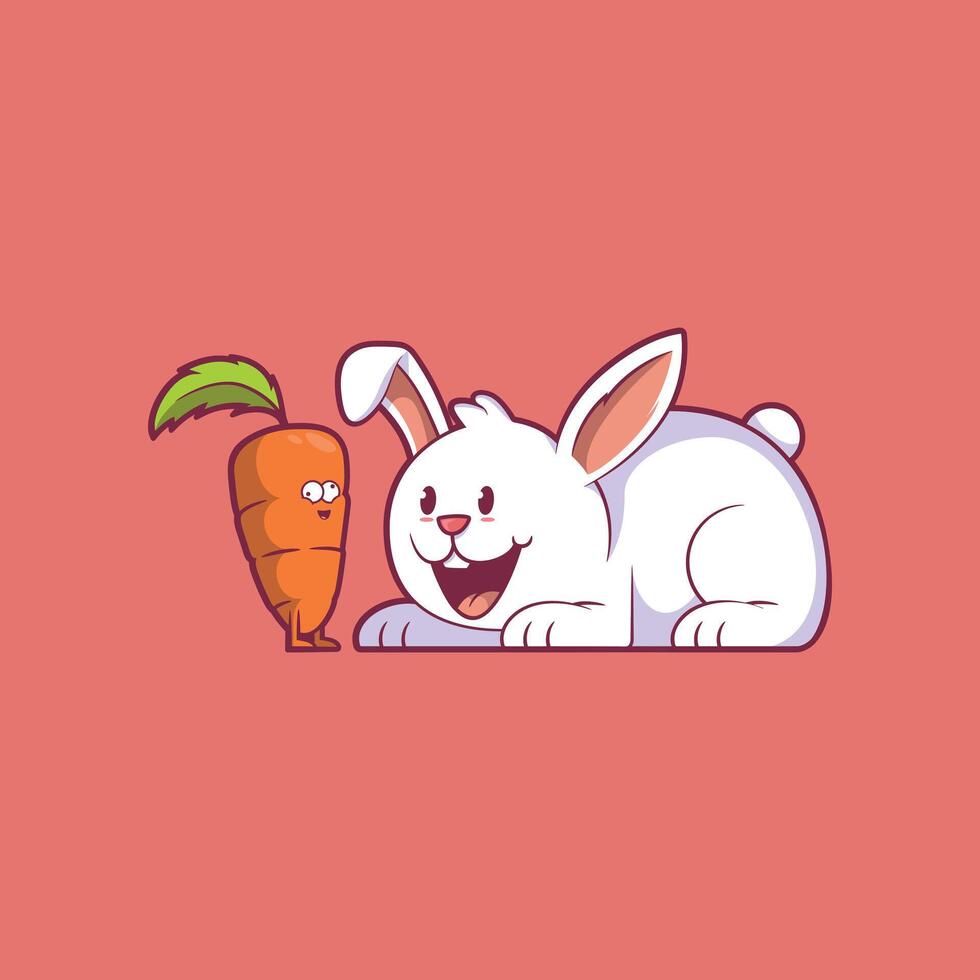 Rabbit Character on the floor looking at a carrot character. vector