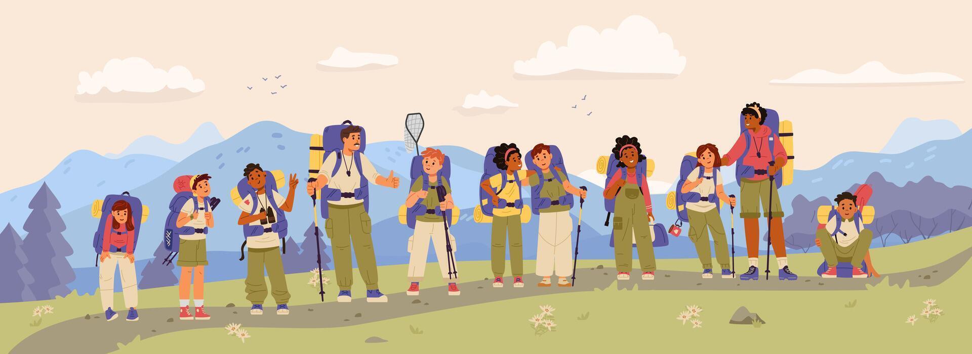 Group of multiracial children with backpacks with two teachers hiking in the mountains flat illustration. vector