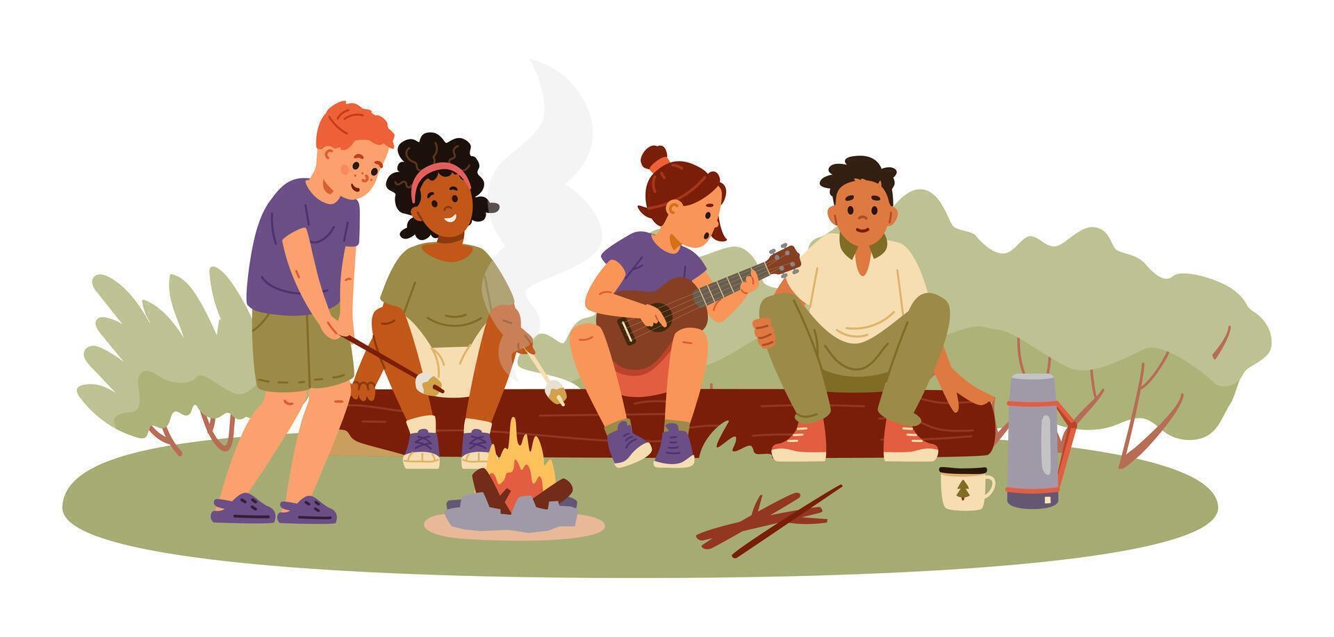 Group of multiracial teenagers sitting near bonfire on a log playing ukulele, roasting marshmallow flat illustration isolated on white. vector